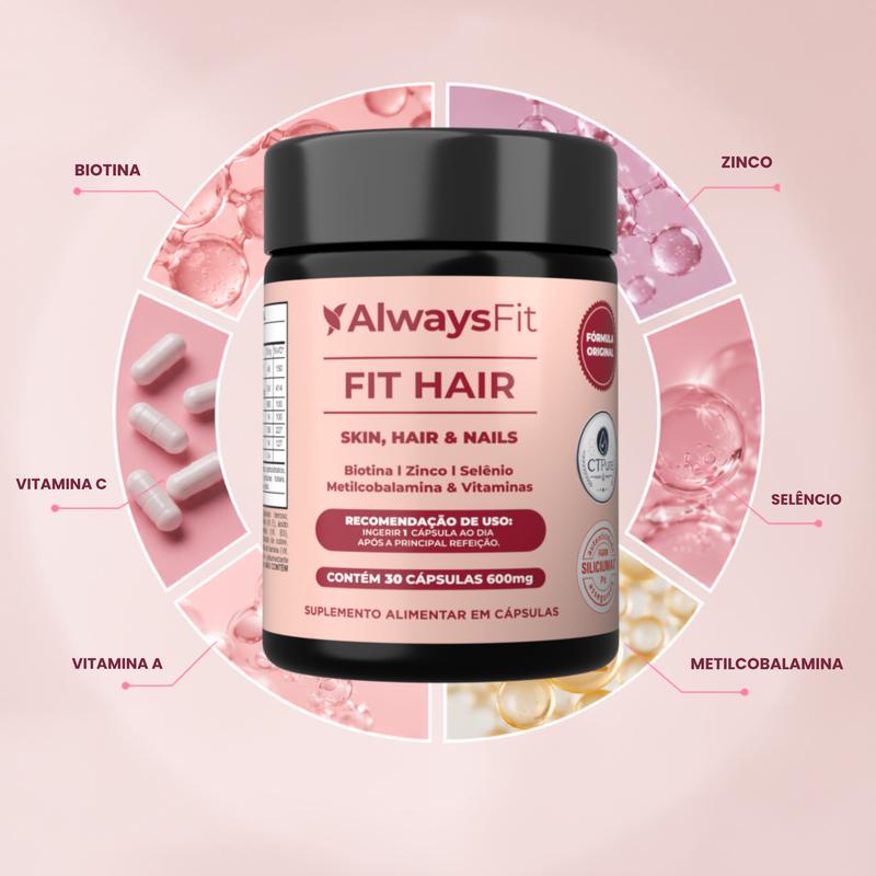 Mulher com cabelos saudáveis ao lado do pote de Fit Hair